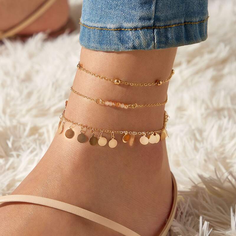 

3pcs Beaded & Disc Charm Anklet, Gold