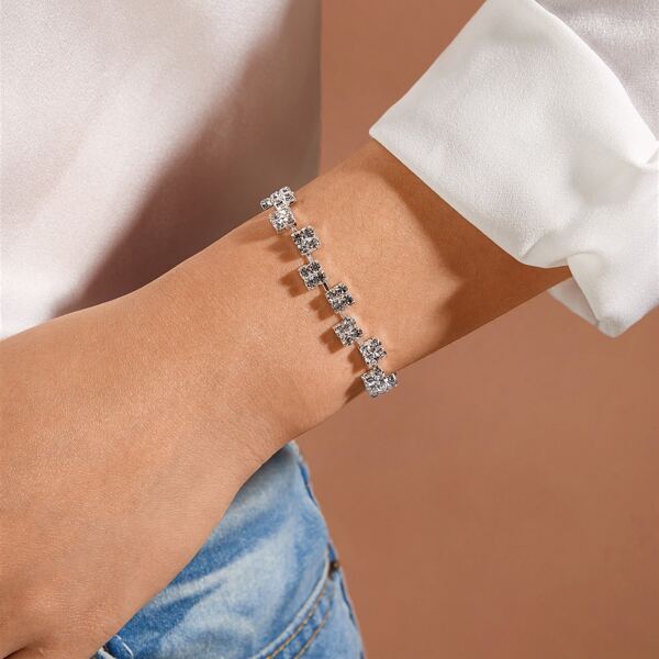 

1pc Rhinestone Decor Bracelet, Silver