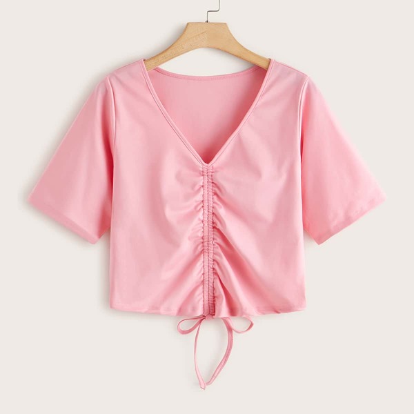 

Plus V-neck Drawstring Front Crop Tee, Pink