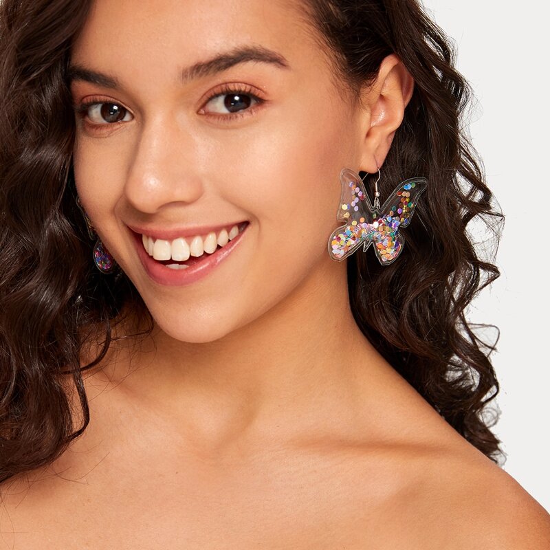 

1pair Clear Butterfly Shaped Quicksand Earrings, Multicolor