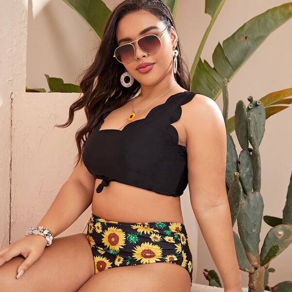 

Plus Sunflower Scallop Trim High Waisted Bikini Swimsuit, Multicolor