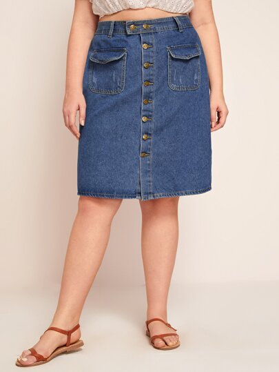 Plus Single Breasted Flap Pockets Midi Denim Skirt