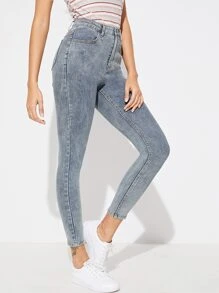 漂白水洗緊身短版牛仔褲 - 藍色 - 查看 5