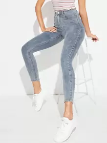 漂白水洗緊身短版牛仔褲 - 藍色 - 查看 1