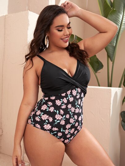 Plus Contrast Floral Twist One Piece Swimsuit