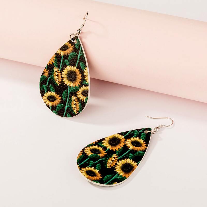 

1pair Sunflower Pattern Water Drop Earrings, Multicolor