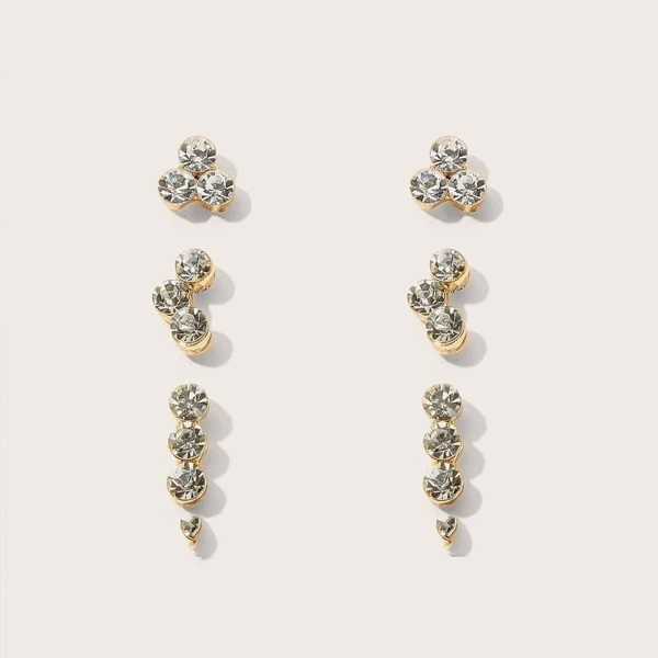 

3pairs Rhinestone Engraved Stud Earrings, Silver
