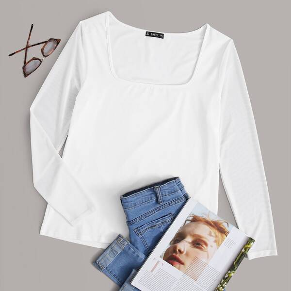 

Plus Square Neck Mesh Sleeve Solid Tee, White