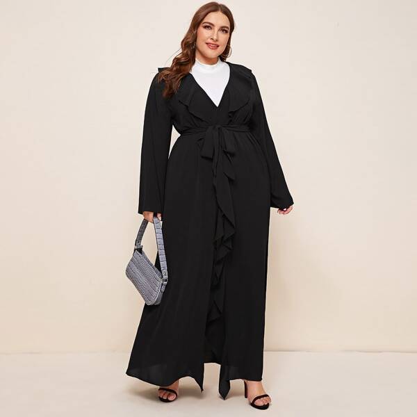 

Plus Ruffle Trim Self Belted Kimono, Black