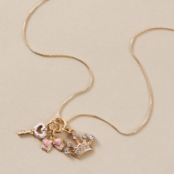 

1pc Toddler Girls Rhinestone Decor Crown & Bow Charm Necklace, Gold