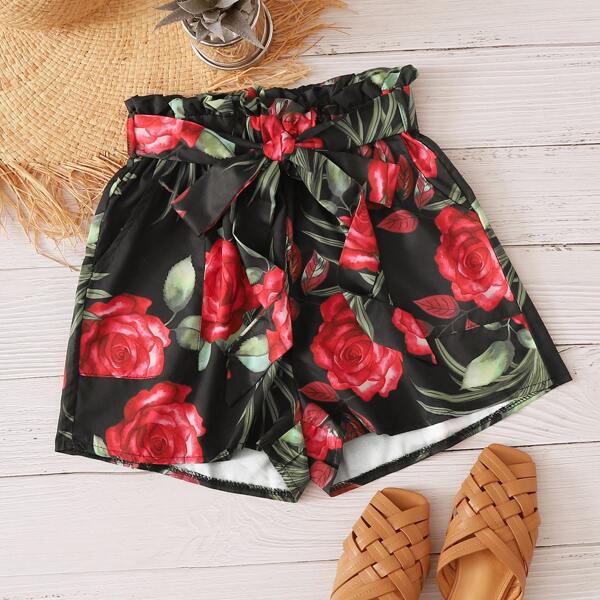 

Floral Print Paperbag Belted Shorts, Black