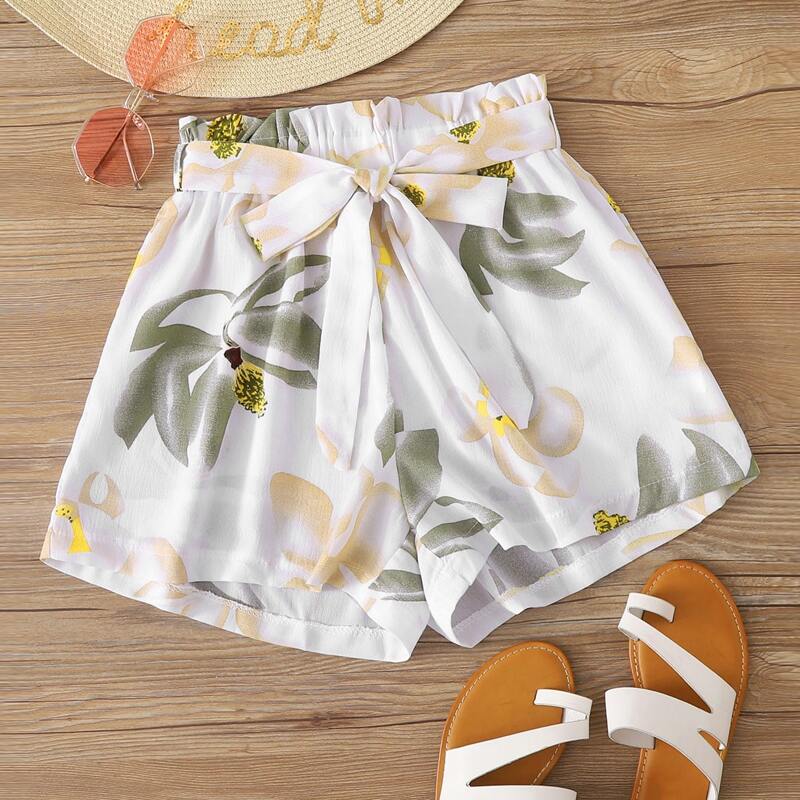 

Frill Waist Floral Print Belted Shorts, White