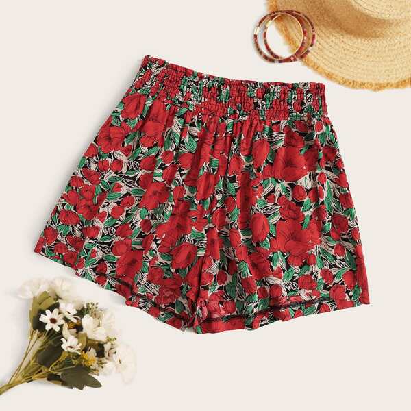 

Plus Allover Floral Print Shirred Waist Shorts, Multicolor