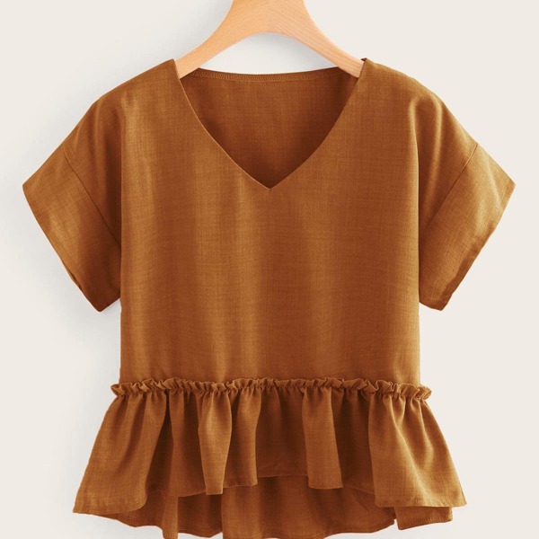 

Plus V-neck Ruffle Hem Blouse, Yellow