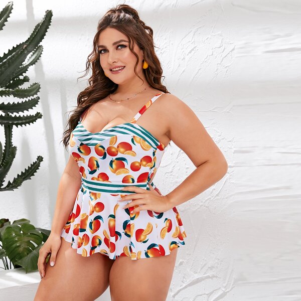 

Plus Orange & Striped High Waisted Bikini Swimsuit, Multicolor