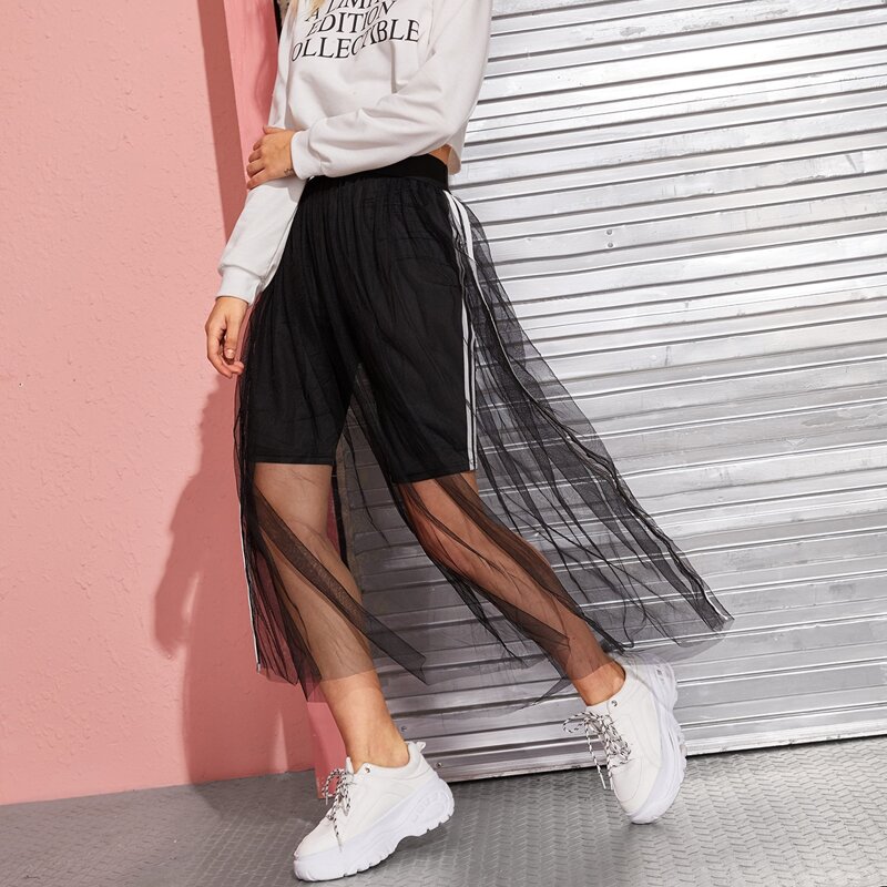 

Side Stripe Mesh Overlay Skort, Black