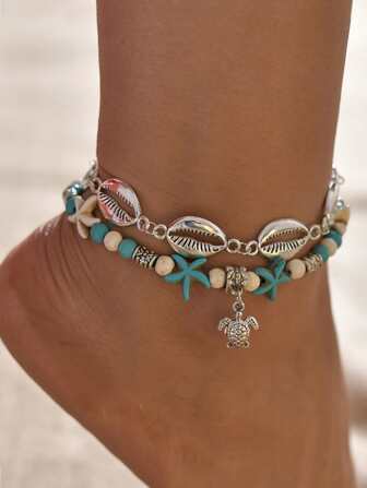 خلخال طبقات ومزخرف بصدف وبتعليقة سلحفاة قطعة واحدة