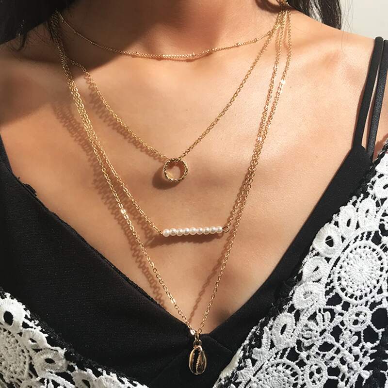 

1pc Pearl Decor Shell & Ring Charm Layered Necklace, Gold