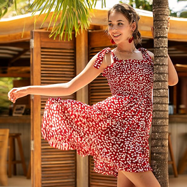 

All Over Print Shirred Cami Dress, Red