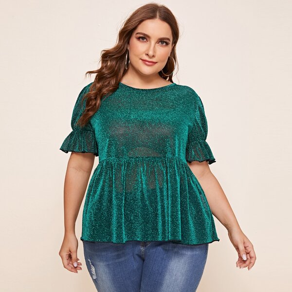 

Plus Glitter Sheer Peplum Blouse, Green