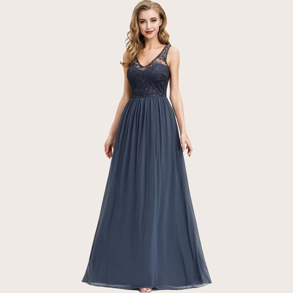 

Embroidery Mesh Bodice Maxi Prom Dress, Navy blue