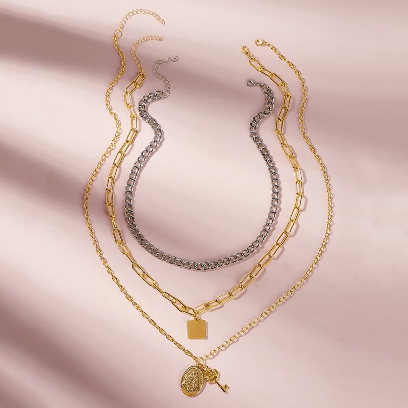 

3pcs Key & Square Charm Chain Necklace, Multicolor