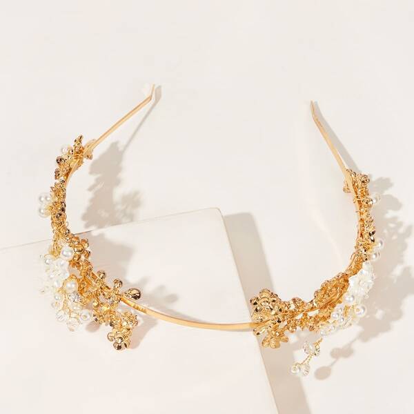 

Faux Pearl Decor Metal Flower Hair Hoop, Gold