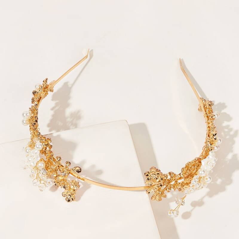 Faux Pearl Decor Metal Flower Hair Hoop, Gold