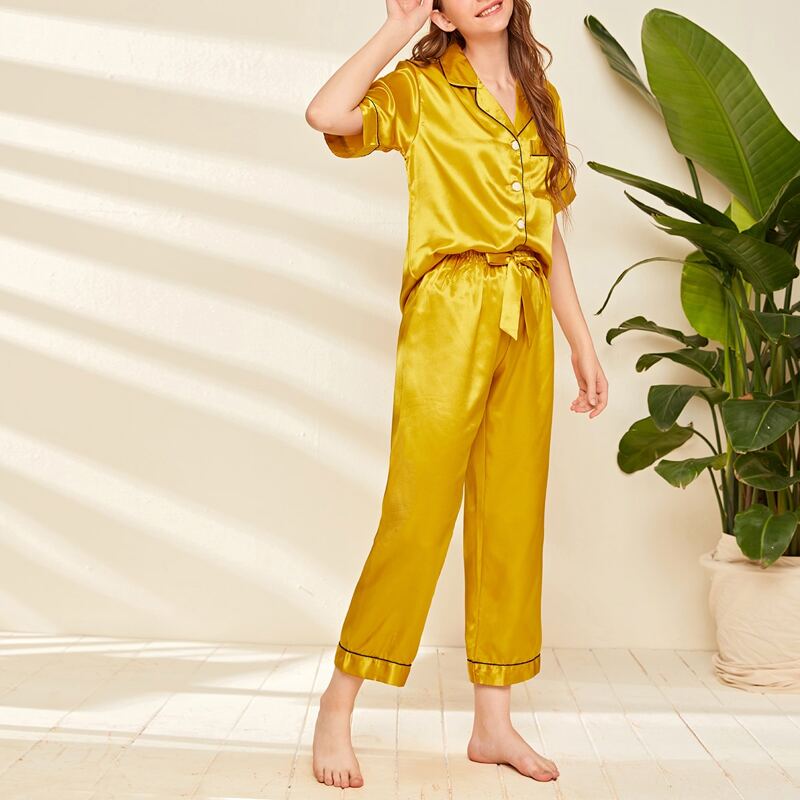 

Contrast Binding Bow Satin PJ Set & Eye Cover, Yellow