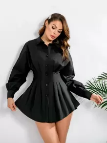 SHEIN Privé Áo sơ mi Chất rắn Nút Thông qua Kiểu Dài Babydoll - màu đen - Xem 1