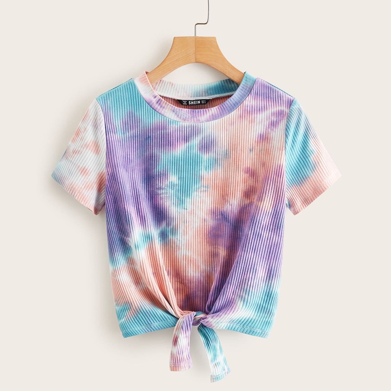 

Rib-knit Knot Hem Tie Dye Tee, Multicolor