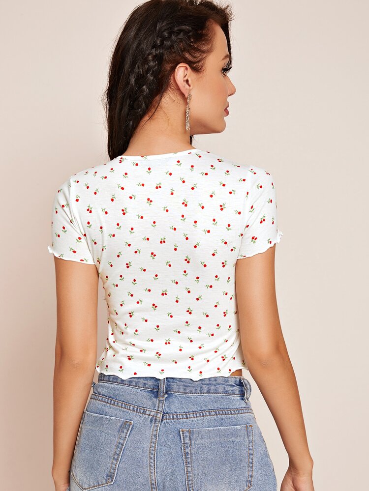 SHEIN Ditsy Floral Print Lettuce Edge Crop Top - White - View 2