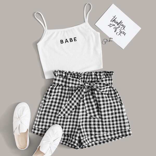 

Embroidered Letter Cami Top and Paperbag Waist Shorts Set, Black and white