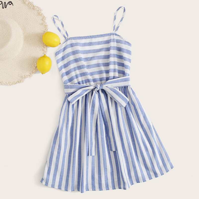 

Shirred Back Self Belted Striped Cami Dress, Blue