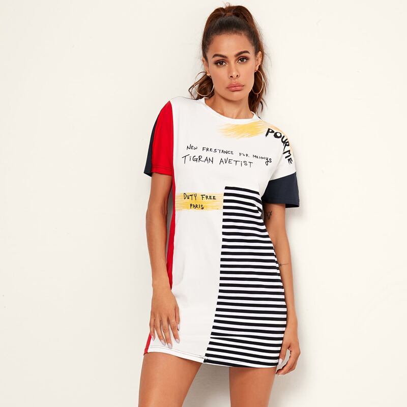 

Slogan and Striped Dress, Multicolor