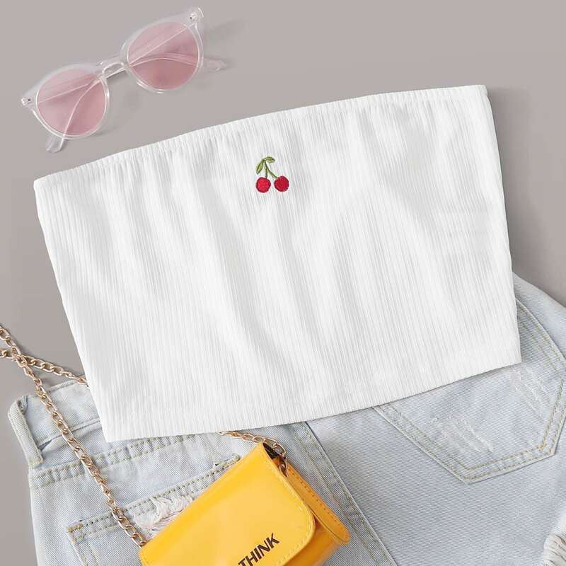 

Embroidered Cherry Detail Tube Top, White