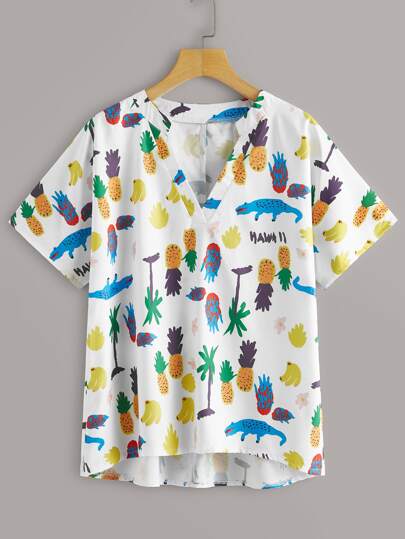 Multicolorido Alto Baixo Carta ocasional Blusa