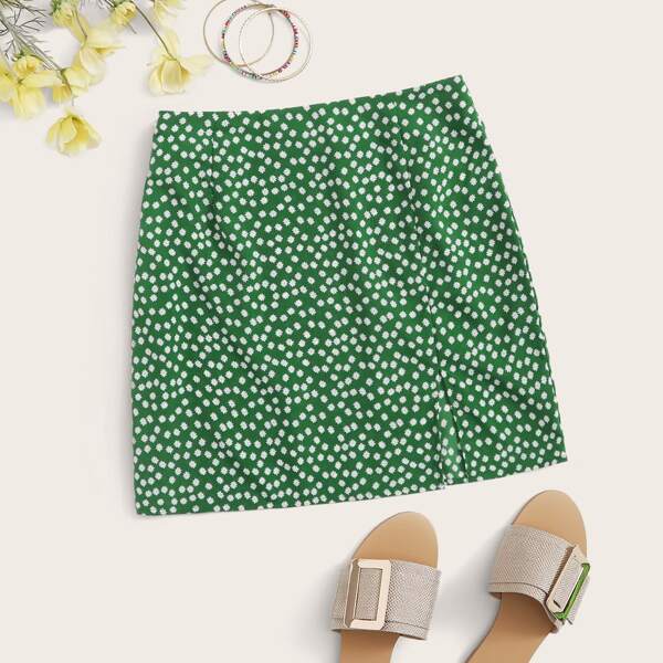 

Ditsy Floral Print Split Hem Skirt, Green