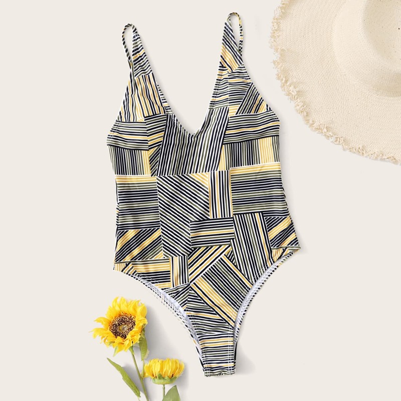 

Pinstripe Print One Piece Swimsuit, Multicolor