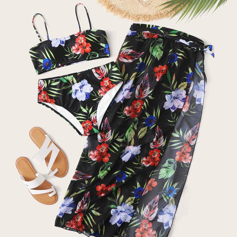 

3pack Tropical Bikini Swimsuit With Beach Skirt, Multicolor