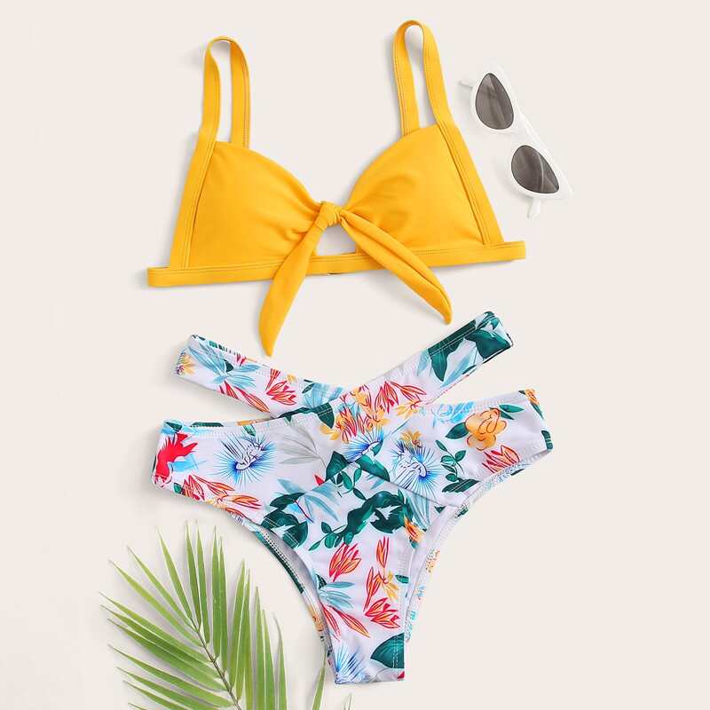 

Plant Print Tie Front Bikini Swimsuit, Multicolor