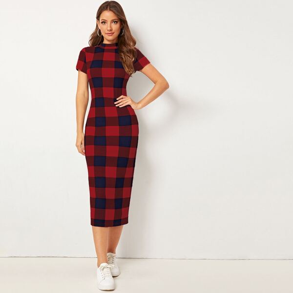 

Mock Neck Split Back Buffalo Plaid Dress, Multicolor
