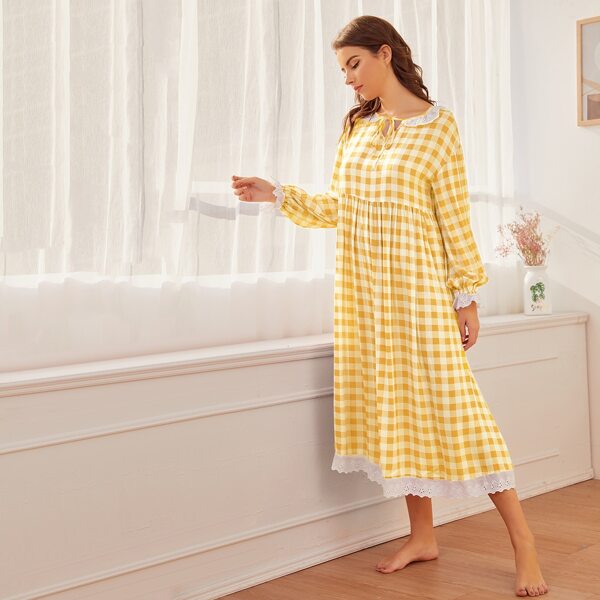

Tie Neck Schiffy Ruffle Trim Gingham Nightdress, Yellow