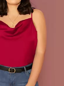 SHEIN BAE Plus Cowl Neck Satin Cami Top - Red - View 4