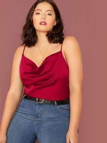 SHEIN BAE Plus Cowl Neck Satin Cami Top - Red - View 1