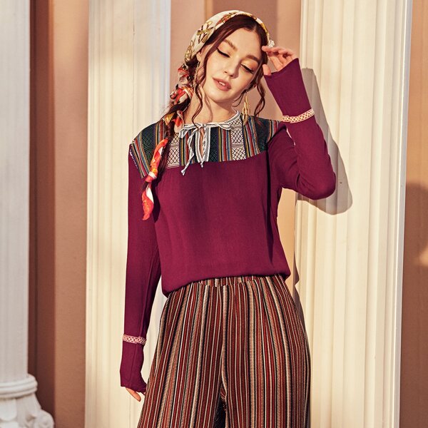 

Tie Front Aztec Print Blouse, Burgundy