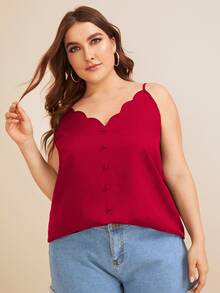 SHEIN 大碼雙v領貝殼邊前紐扣吊帶上衣 - 酒紅色 - 查看 4
