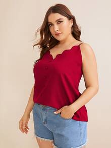 SHEIN 大碼雙v領貝殼邊前紐扣吊帶上衣 - 酒紅色 - 查看 5