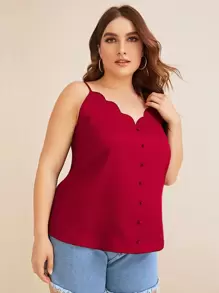 SHEIN 大碼雙v領貝殼邊前紐扣吊帶上衣 - 酒紅色 - 查看 1