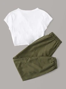字母圖案結飾下擺t恤帶工裝褲子 - 軍綠色 - 查看 2